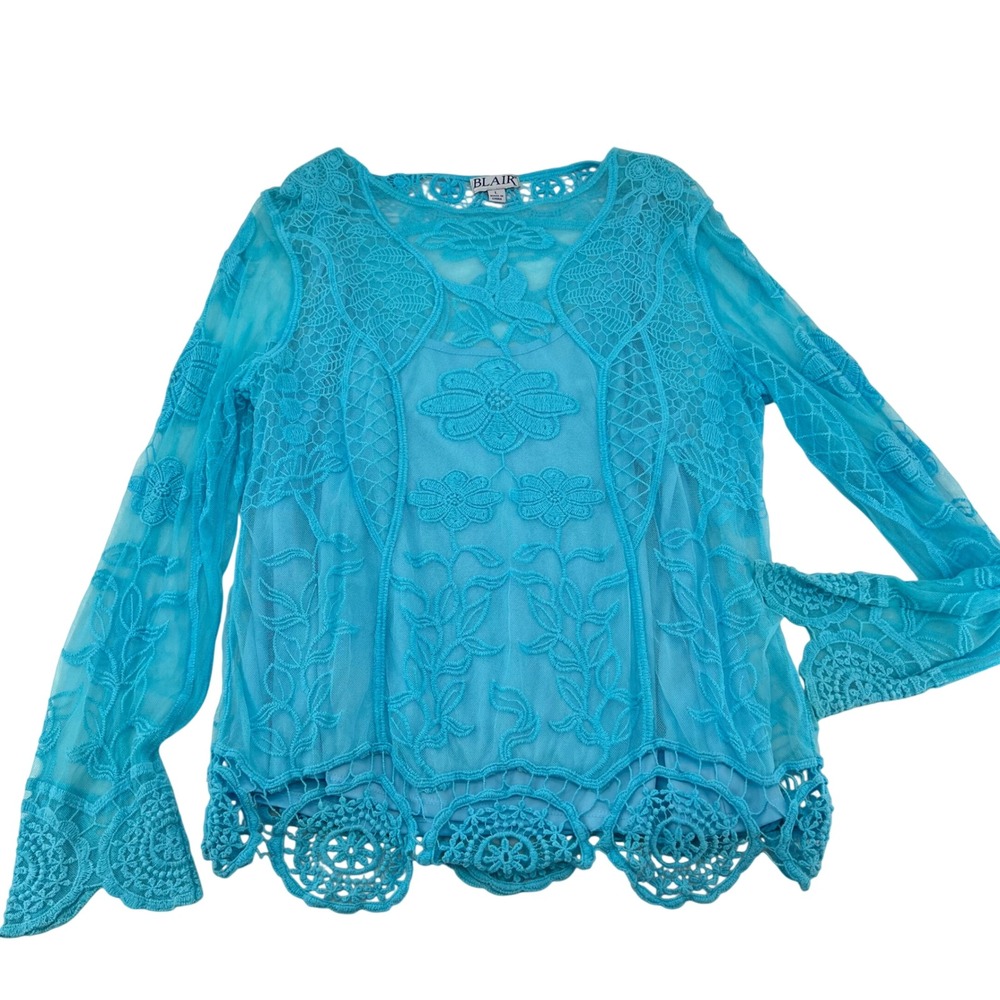 Blair Womens Turquoise Floral Lace Mesh Long Sleeve Top Scalloped Hem B2B5300 L